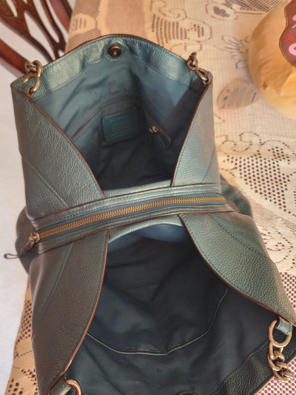 Coach Pebbled Leather Shoulder Bag in Teal Green - Picture 9 of 10